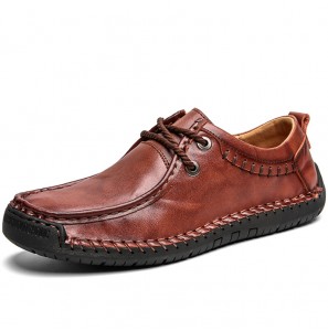 Men Cowhide Leather Hand Stitching Non Slip Soft Sole Business Casual Shoes