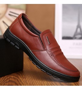 Men Cowhide Leather Soft Bottom Slip On Warm Lining Comfy Dress Casual Business Shoes