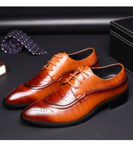 Men Breathable Soft Bottom Pointed Toe Vintage Plaid Lace Up Casual Business Shoes