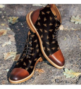 Men British Style Cap Toe Splicing Bees Printed Cloth Ankle Jack Boots