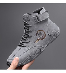 Men Genuine Leather Hand Stitching Soft Sole Lace Up Solid Comfy Casual Boots