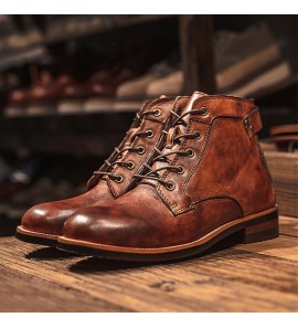 Men Breathable Soft Sole Vintage Round Toe Lace Up Casual Martin Boots