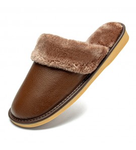 Men Genuine Leather Plush Thicken Warmeh Soft Wear Resistant Casual Home Cotton Slippers