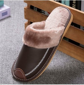 Men Autumn Winter Leather Non-slip Comfy Thicken Warm Home Indoor Cotton Slippers